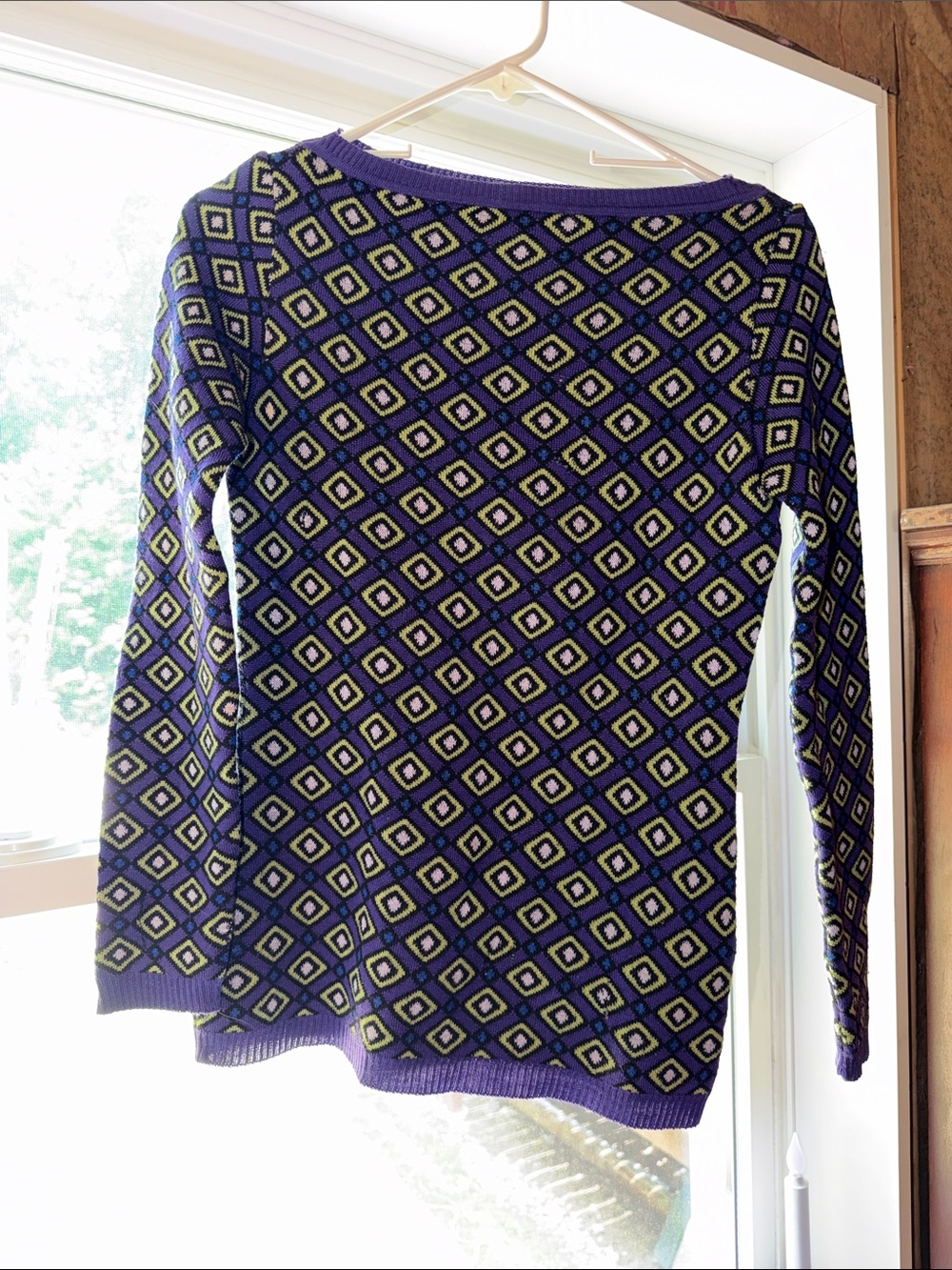 Versace Purple Geometric Diamond-Print Crewneck Sweater- see pics for flaws